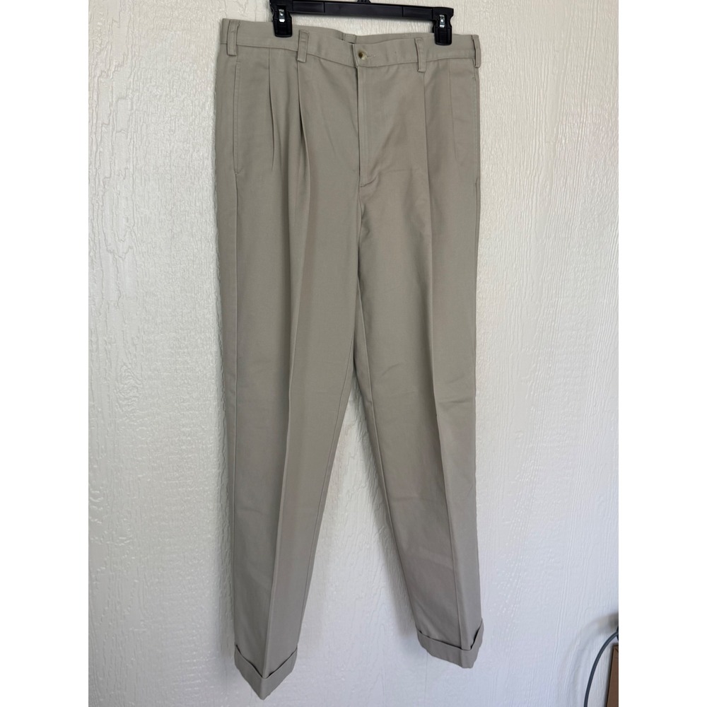 IZOD Mens Pleated Chino Pants Khaki Tan 100% Cotton Cuffed Hem 34x32